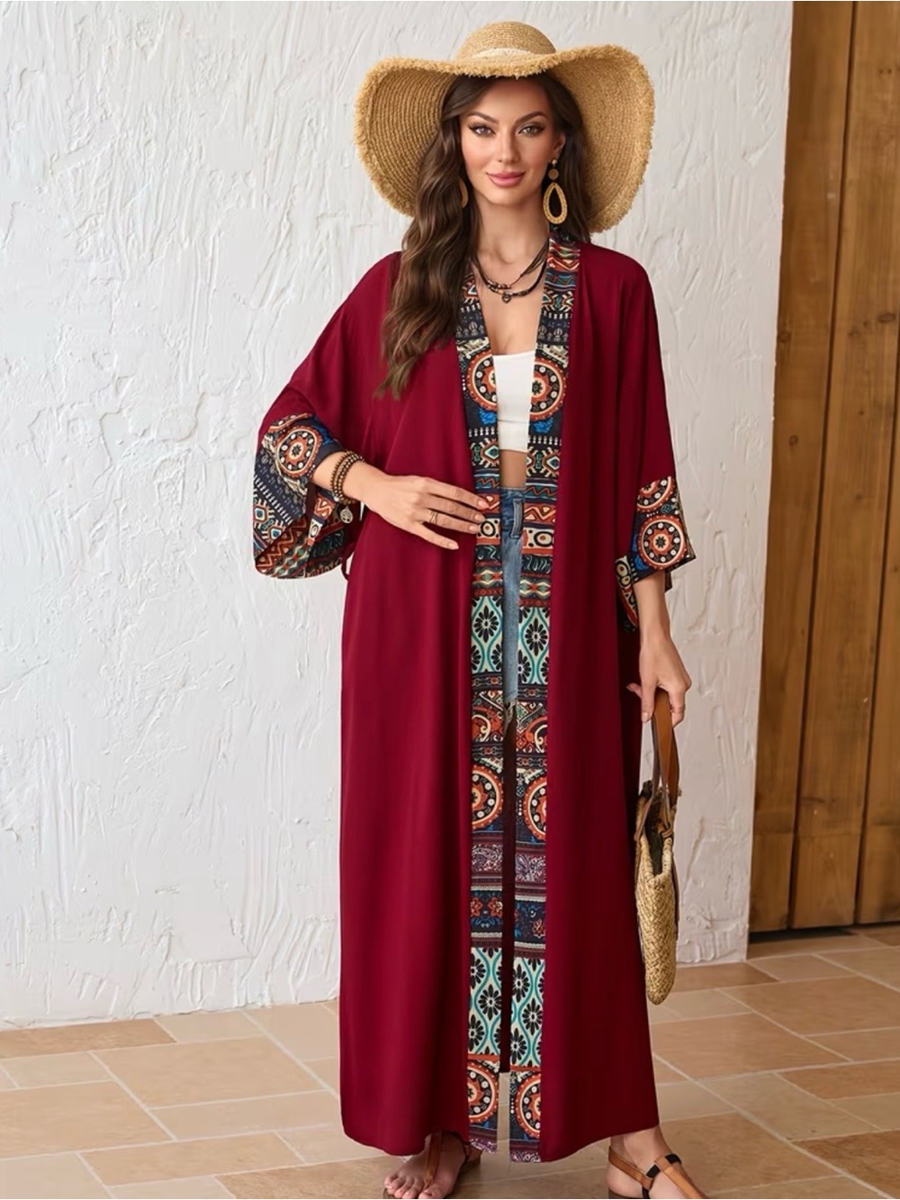 Boho Maxi Kimono Cardigan in Deep Wine with Aztec Trim